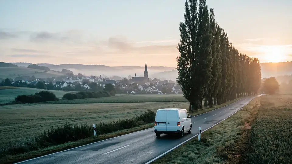 Landstraße im Rheinland am Morgen mit Blick auf eine Kleinstadt