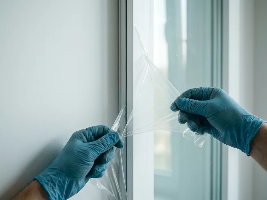 Baureinigung: Schutzfolie wird von einem neuen Fenster abgezogen