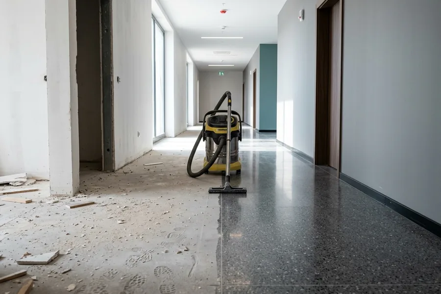 Neuer Flur, halb noch staubig, halb schon gereinigt, mit Industriesauger