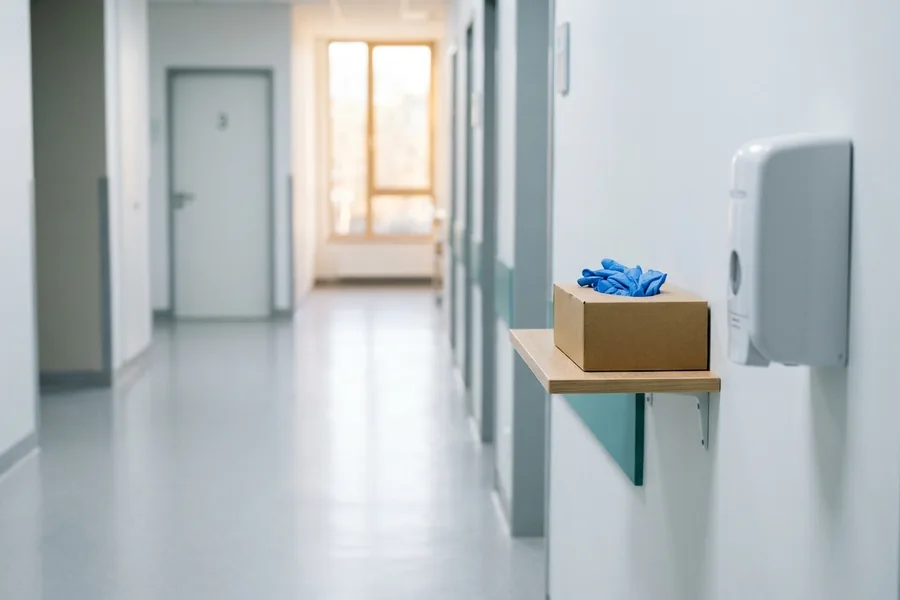 Desinfektionsspender und Handschuhbox im Flur einer Praxis