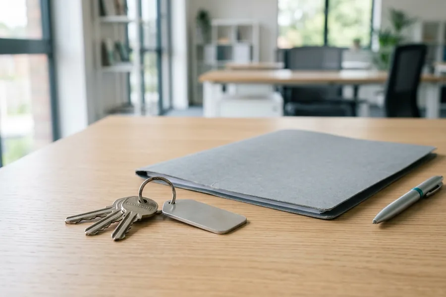 Schlüsselbund mit Anhänger neben einer grauen Mappe auf einem Schreibtisch