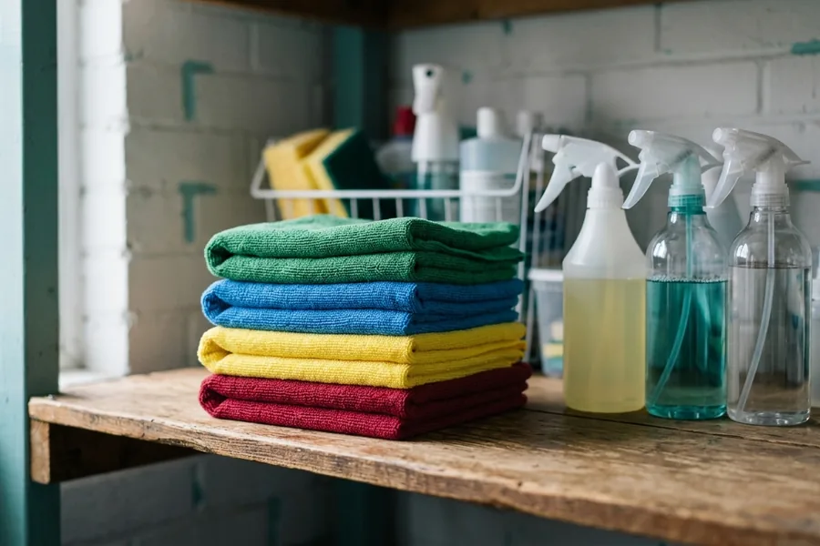 Gefaltete Mikrofasertücher in vier Farben auf einem Regal